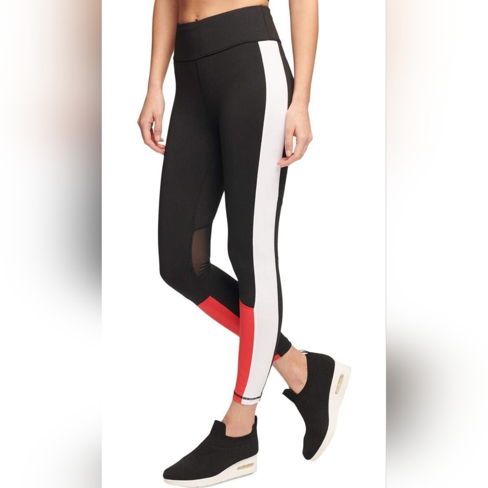 DKNY Sport Colorblocked High-Rise Mesh Inset Ankle Leggings